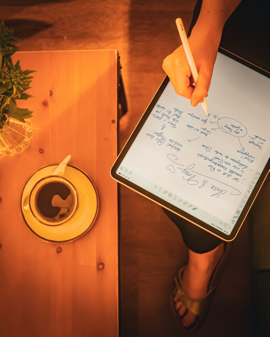 Konzeption einer freien Trauung – handschriftliche Notizen auf dem iPad bei einem Kaffee
